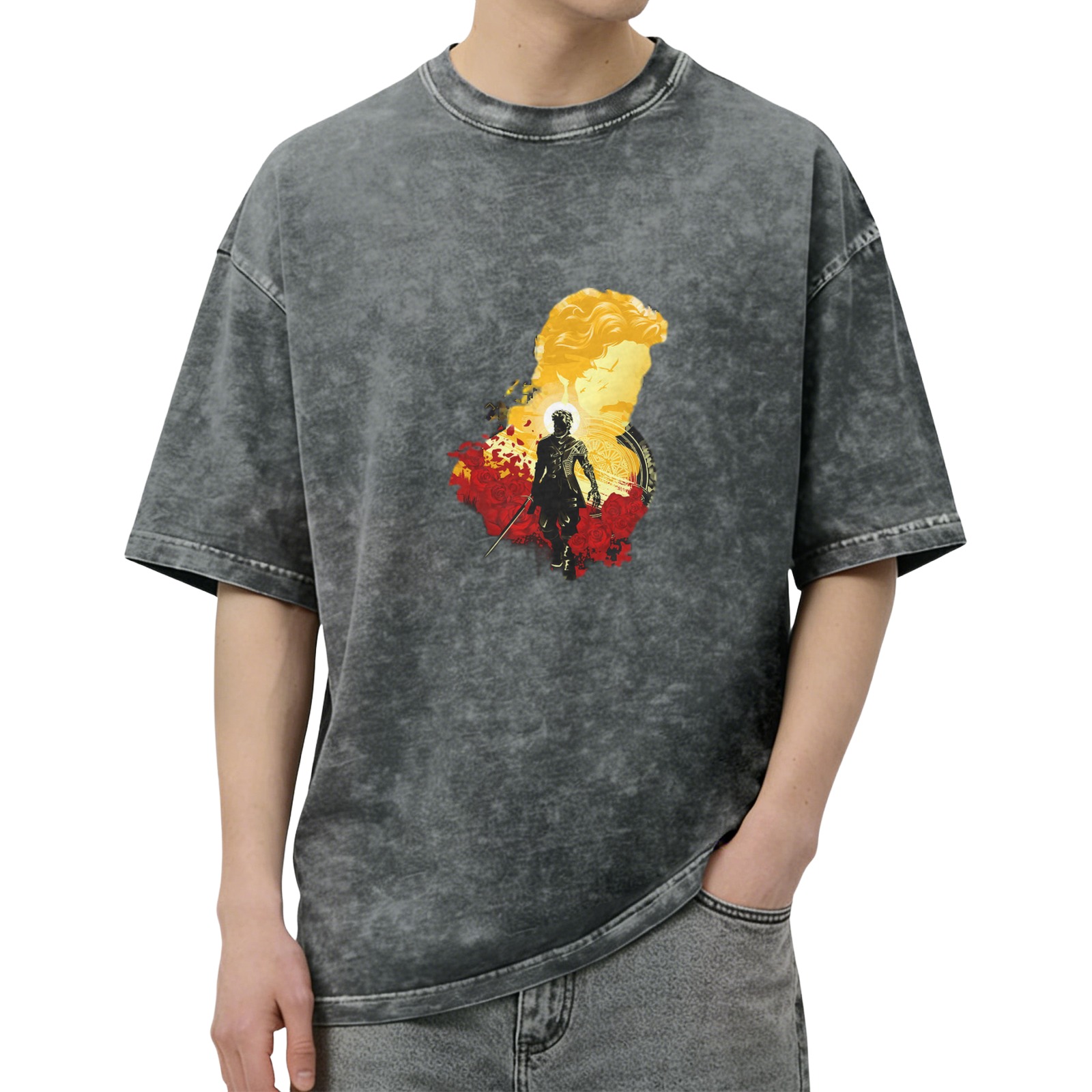 Washed black graphic t-shirt with warrior and classical bust art