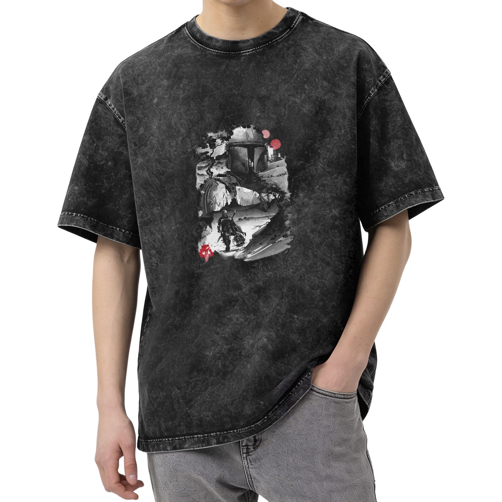 Washed Black Graphic T-Shirt with Sci-Fi Warrior Art Print