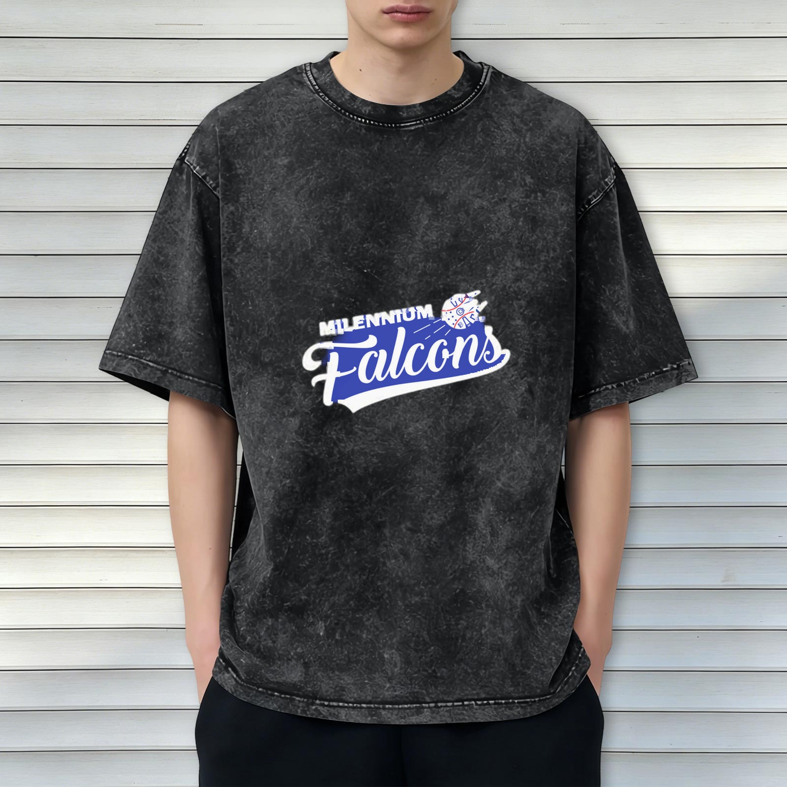 Washed Black Graphic T-Shirt with Millennium Falcons Print