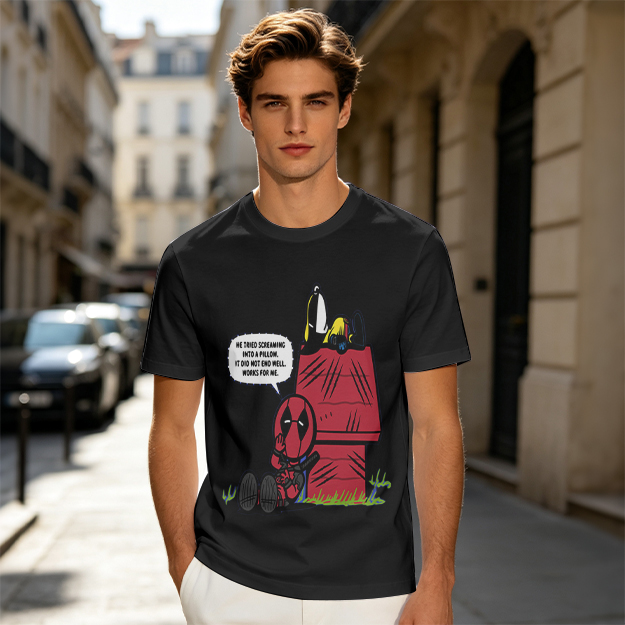 Olive t-shirt with Deadpool and Snoopy mashup graphic