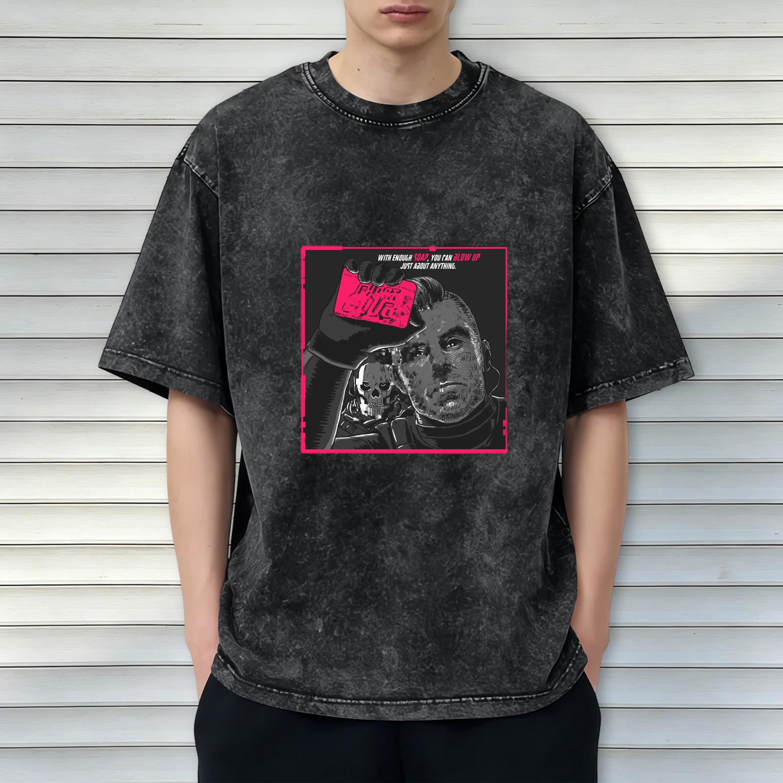 Washed black graphic t-shirt with cyberpunk-style man and skull print