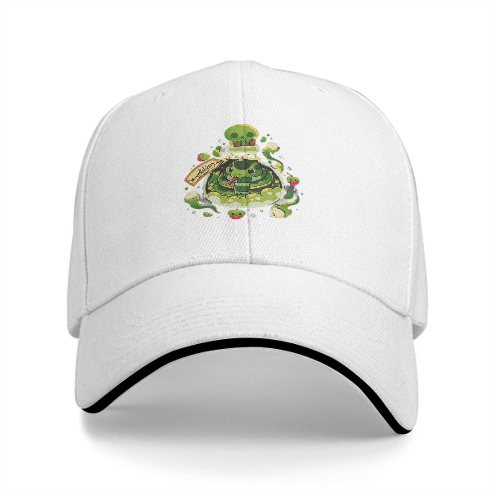 Black baseball cap with green snake potion bottle graphic