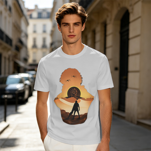 Olive Green T-Shirt With Desert Sunset Silhouette Graphic