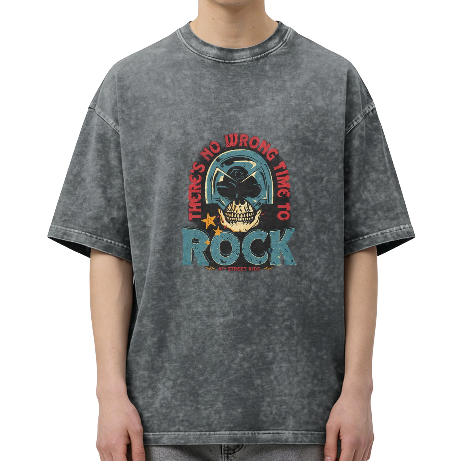 Washed Black Graphic T-Shirt with 'There's No Wrong Time To Rock' Skull Design