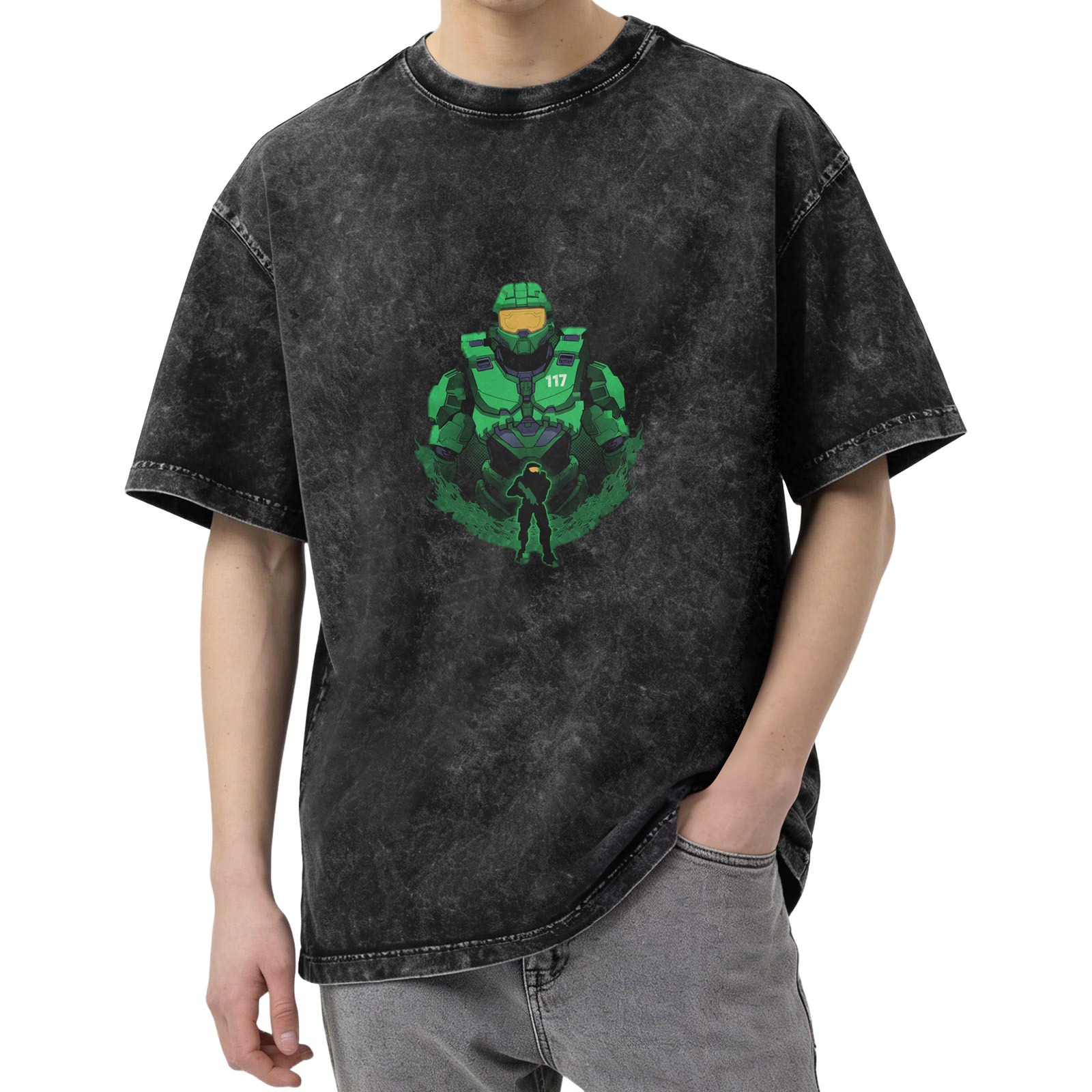 Oversized Dark Wash T-Shirt With Master Chief 117 Graphic