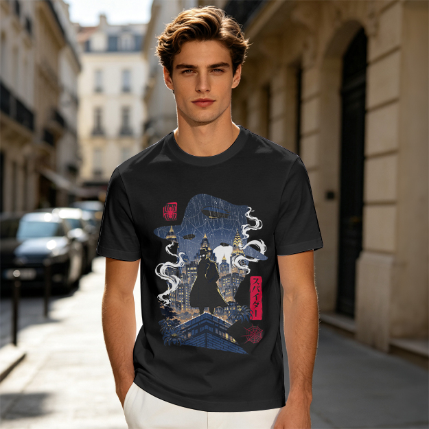 Olive T-Shirt with Night City Rooftop Spy Silhouette Art