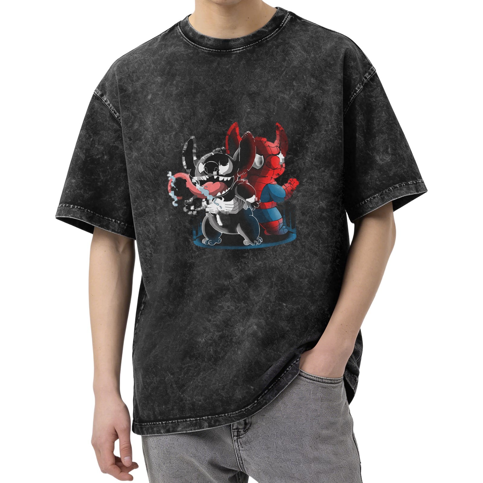 Oversized Acid Wash T-Shirt with Stitch Venom and Spider-Man Graphic