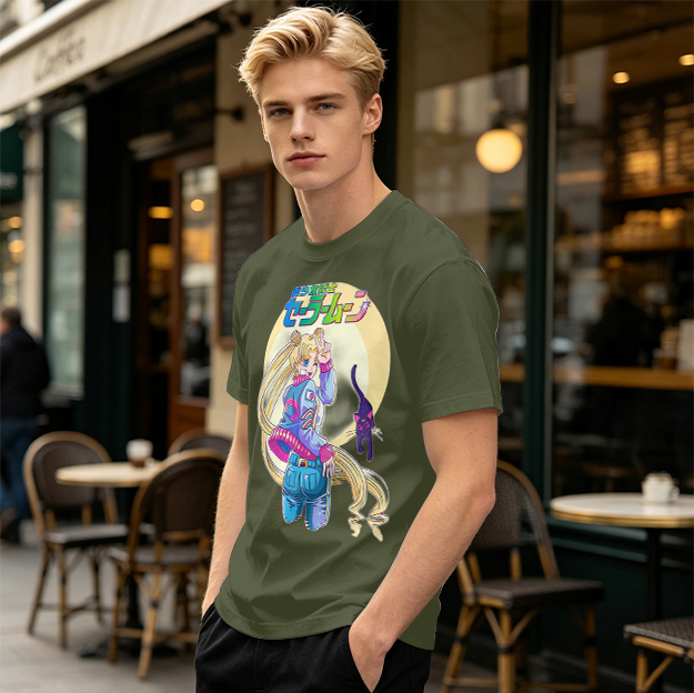 Olive anime graphic t-shirt featuring Usagi and Luna