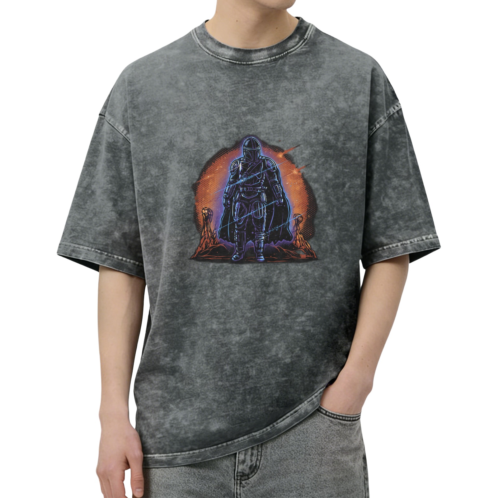 Washed Black T-Shirt With Sci-Fi Bounty Hunter Desert Print