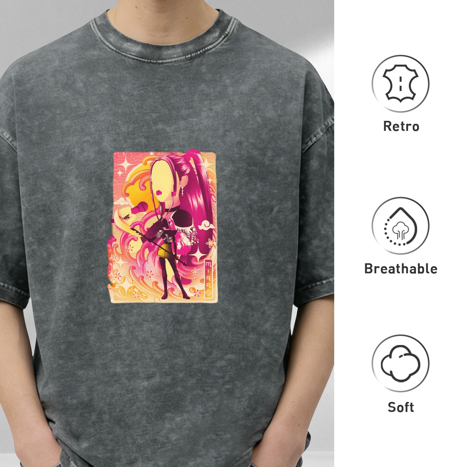 Oversized Acid Wash T-Shirt With Anime Style Graphic Print