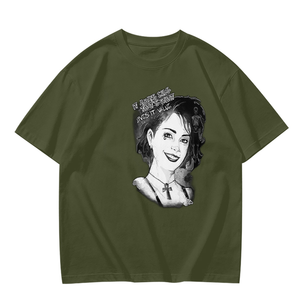 Olive T-Shirt with Black and White Portrait Print
