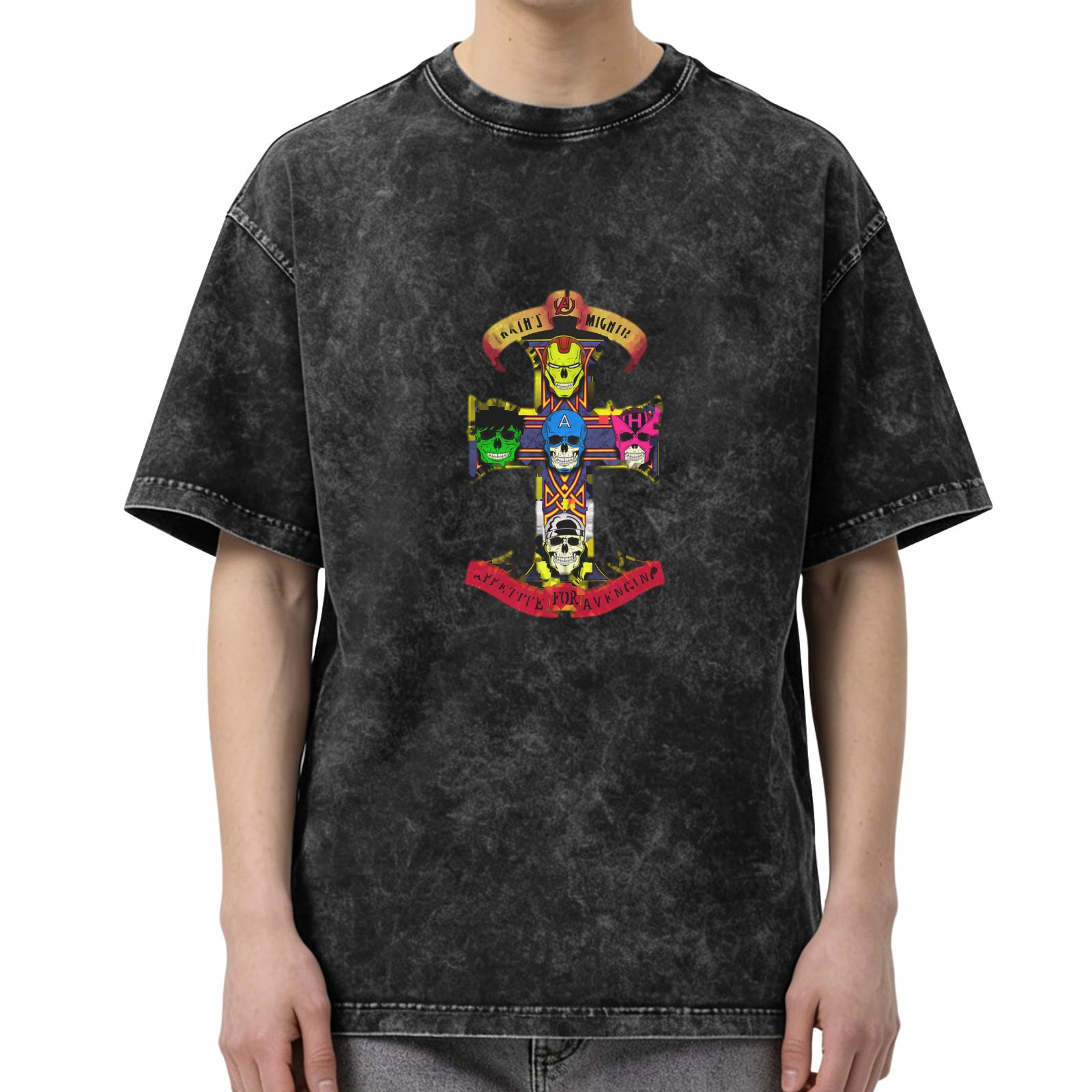 Washed black t-shirt with superhero skull cross graphic design