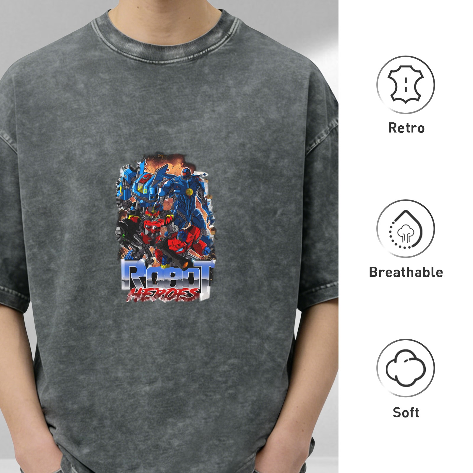 Oversized dark washed graphic t-shirt with Robot Heroes mecha print