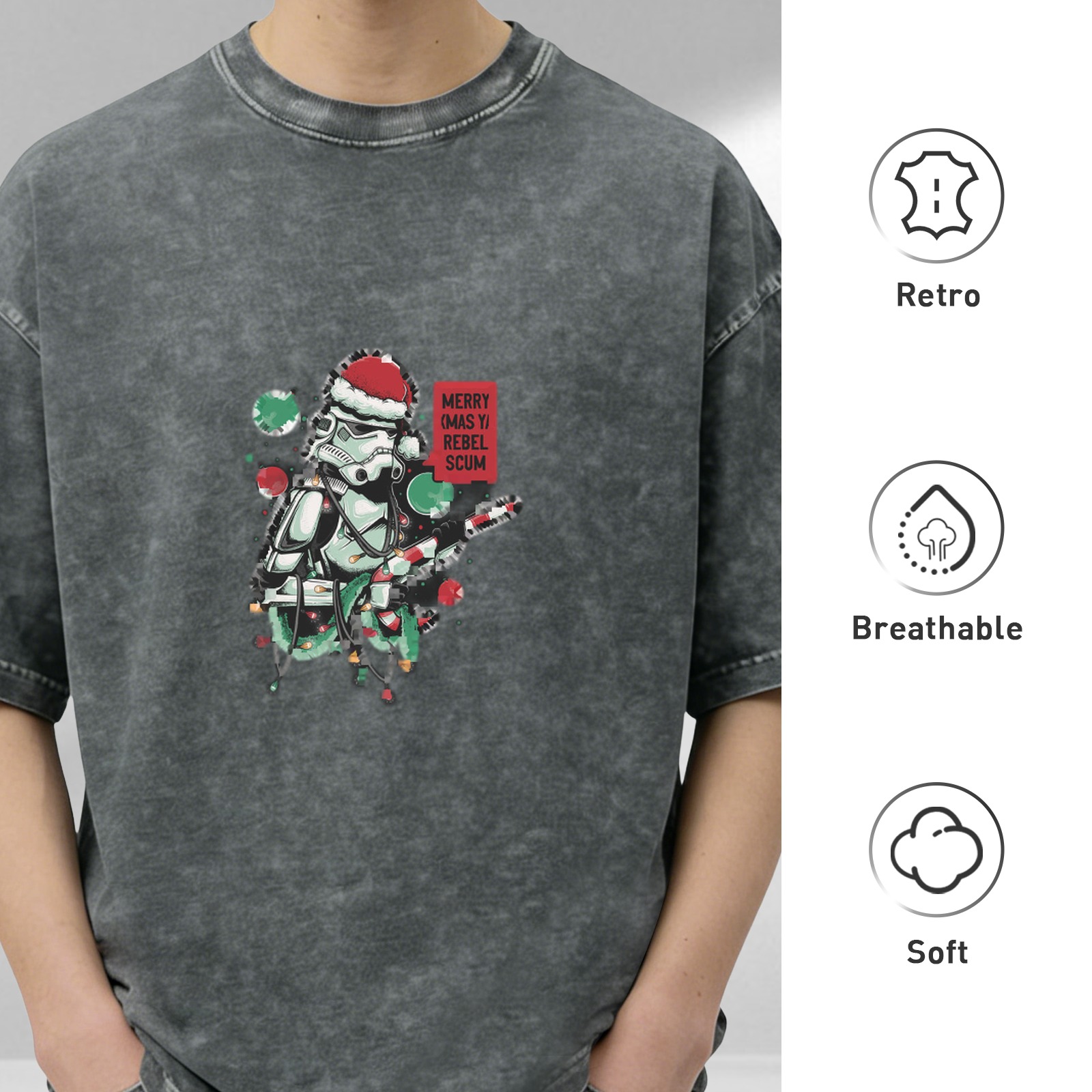 Star Wars Stormtrooper Christmas Graphic Oversized Stone Wash T-Shirt - 'Merry Sithmas Rebel Scum' Festive Holiday Tee