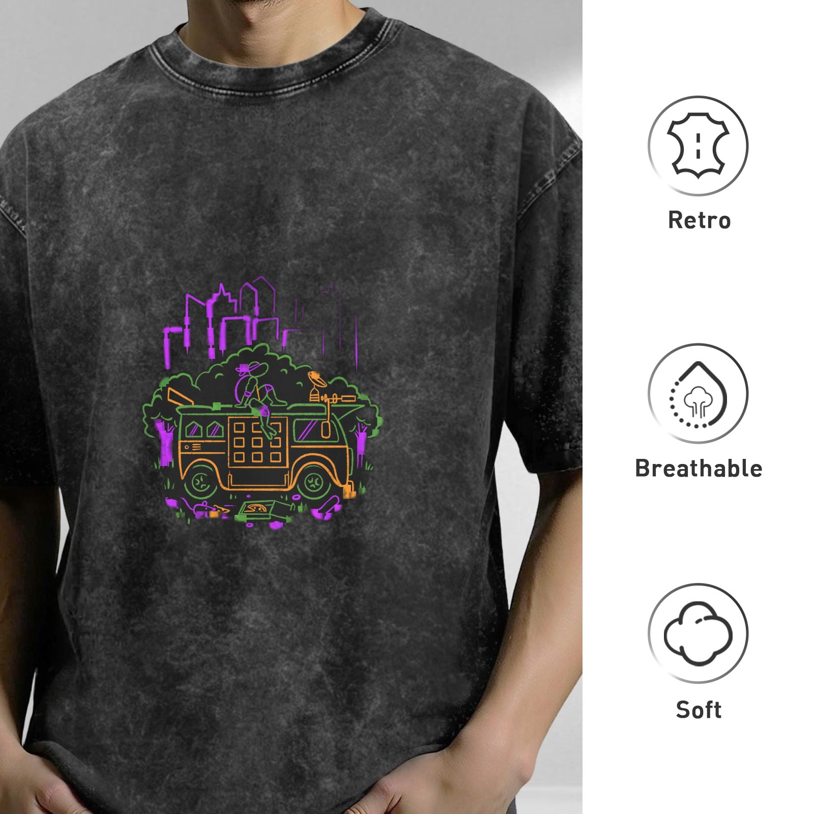 Washed Black Oversized T-Shirt With Neon Turtle Van Graphic
