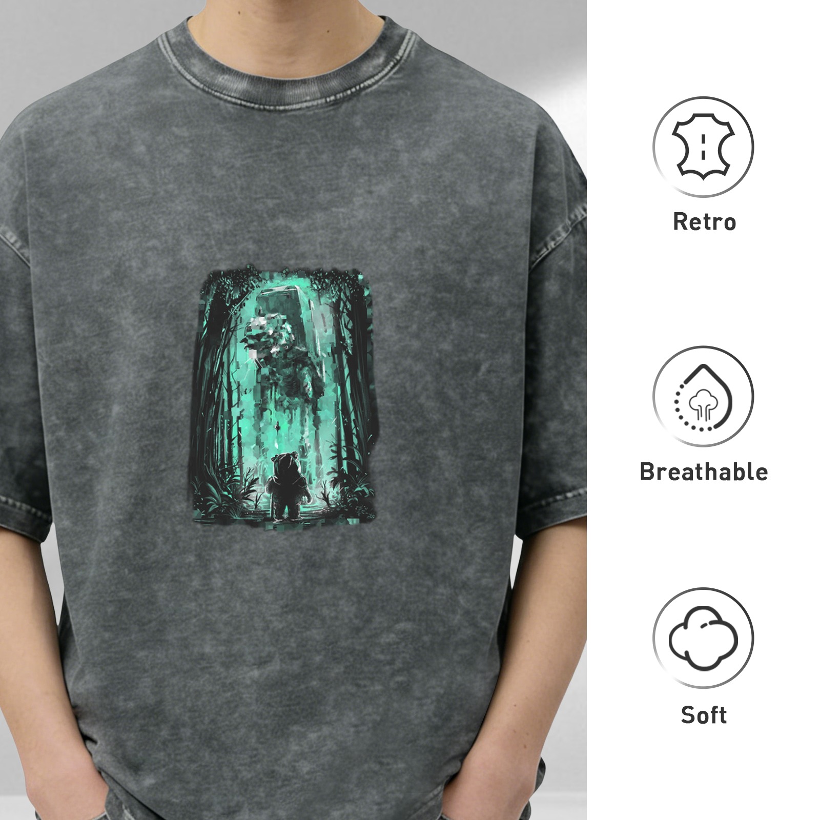 Distressed black short-sleeved T-shirt Star Wars themed forest pattern printed top