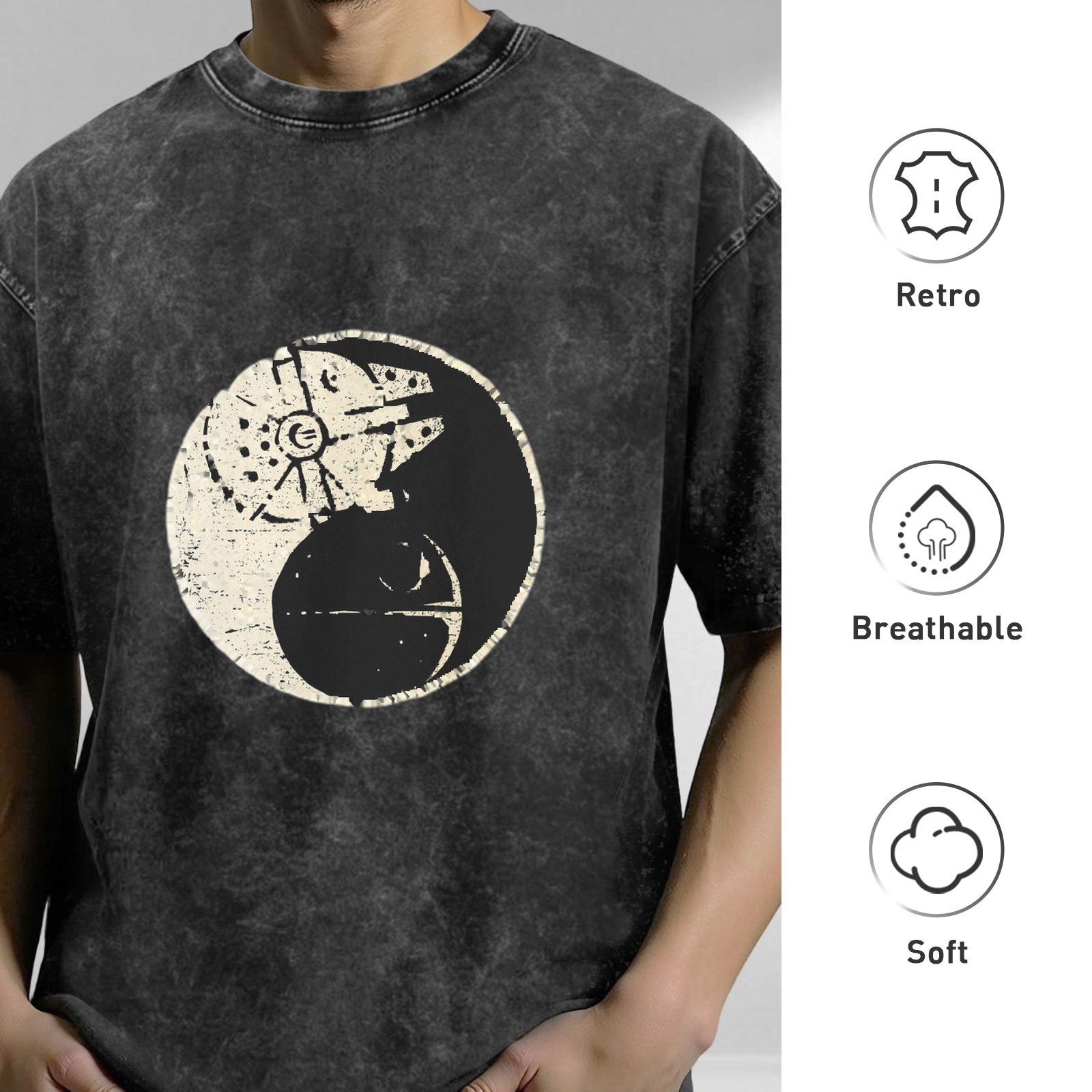 Star Wars Yin Yang Graphic Acid Wash T-Shirt, Oversized Short Sleeve Crew Neck Tee, Casual Streetwear Top