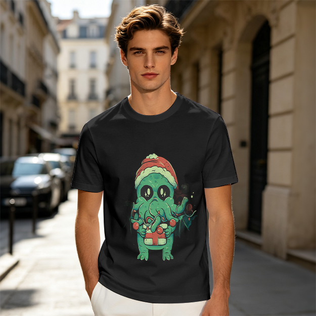 Olive Green T-Shirt With Cute Christmas Cthulhu Graphic