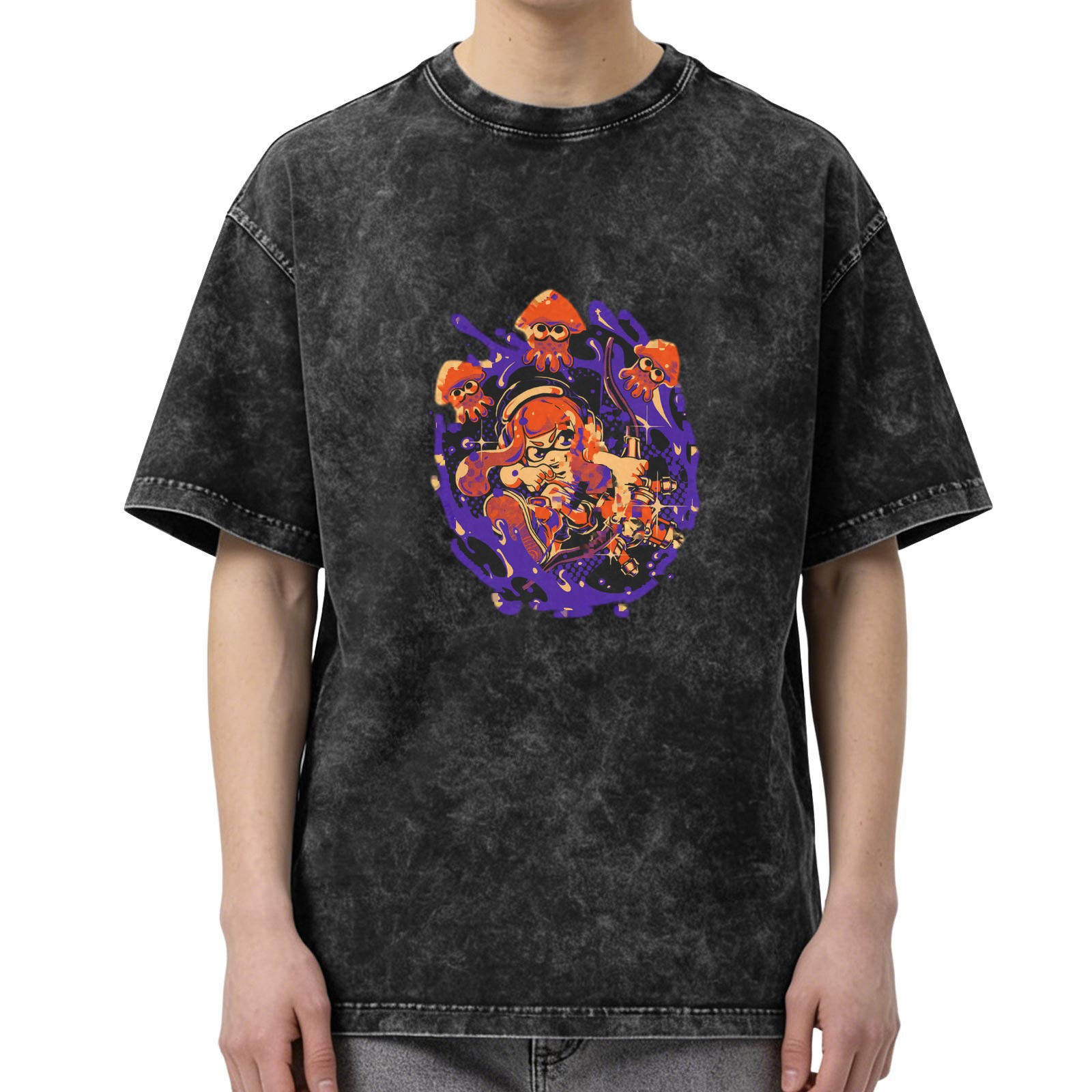 Washed black graphic t-shirt with Splatoon style inkling and squid design