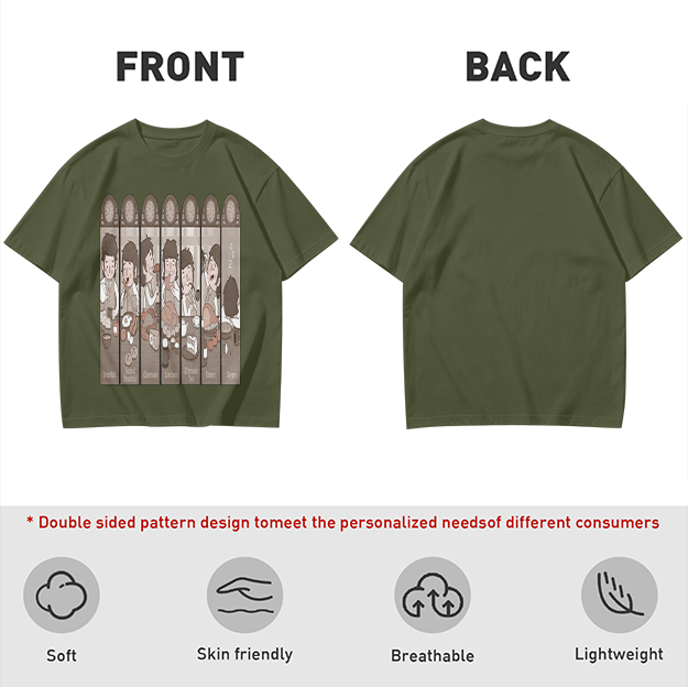 Olive green t-shirt with cartoon medieval feast scene print