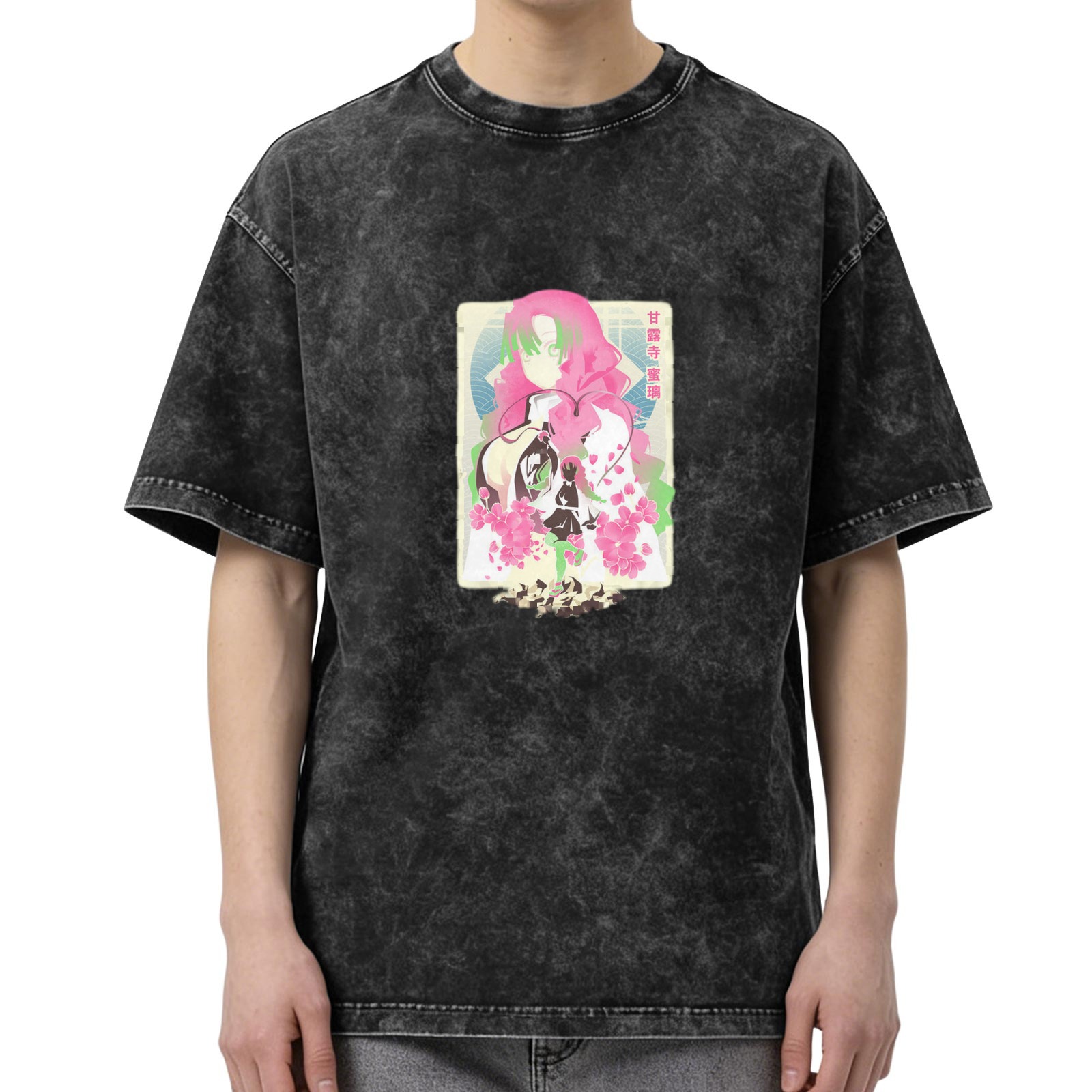 Oversized Black Acid Wash T-Shirt with Anime Character Graphic