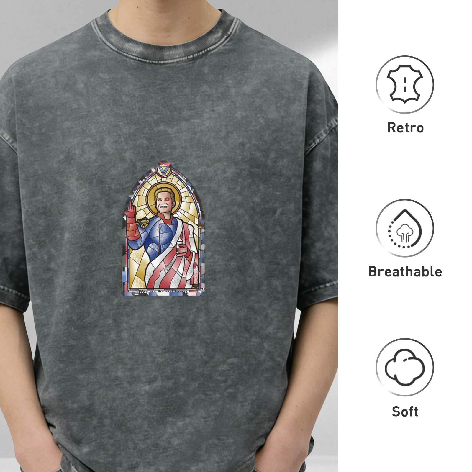 Washed black t-shirt with stained glass style superhero print