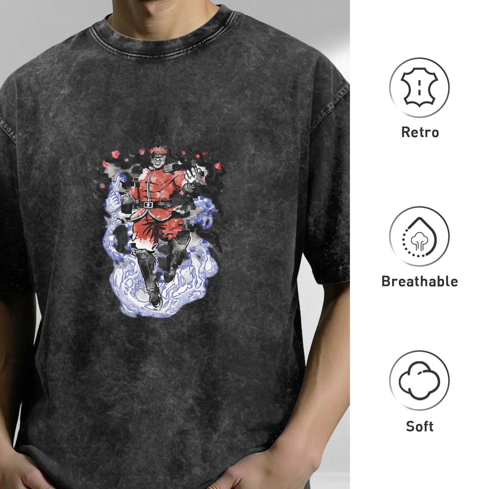 Oversized faded black t-shirt with anime villain graphic print