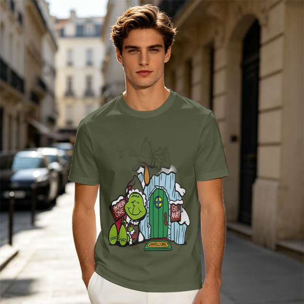 Olive T-shirt with Grinch at Whoville House Go Away Welcome Print
