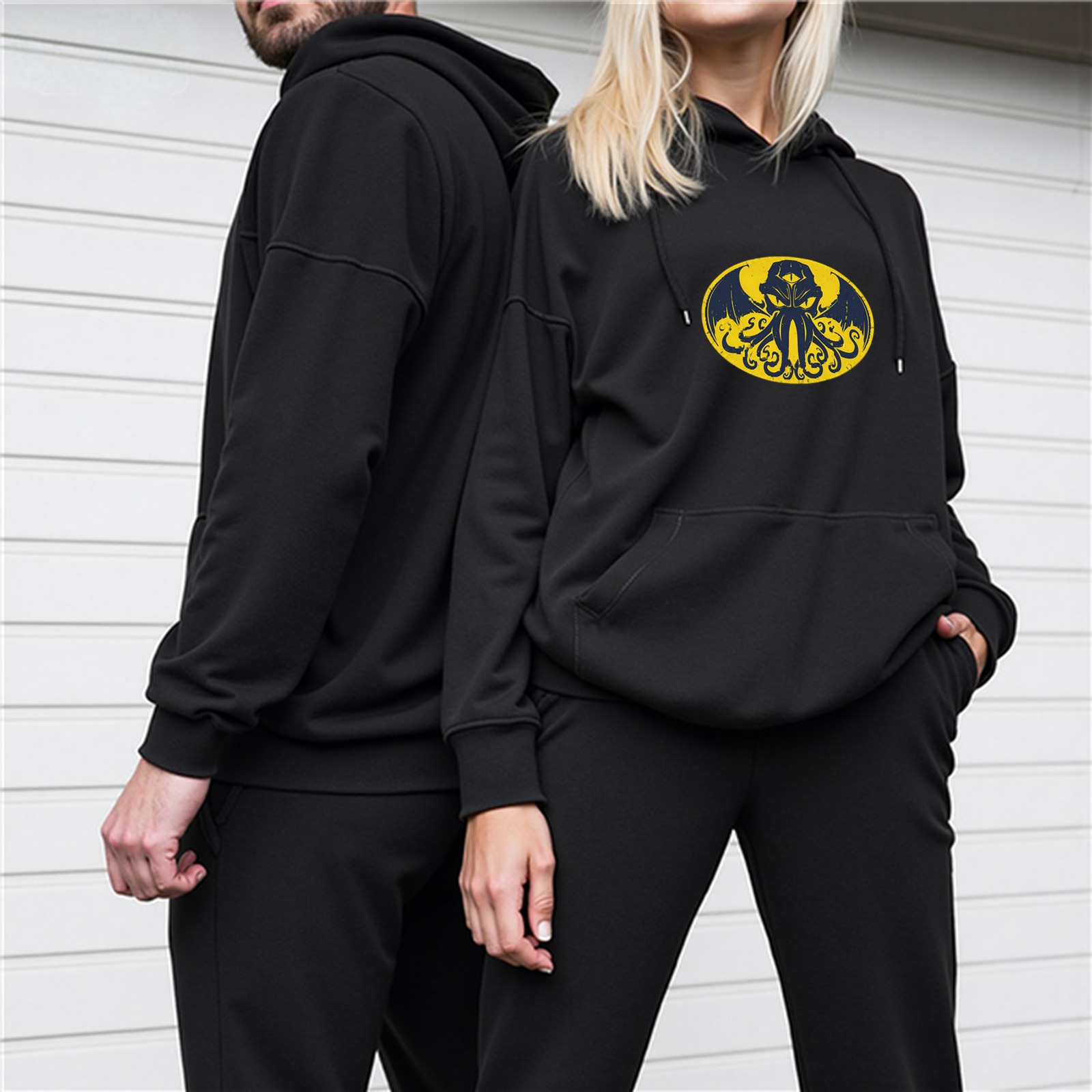 Black Hoodie with Cthulhu Bat Hybrid Graphic Print