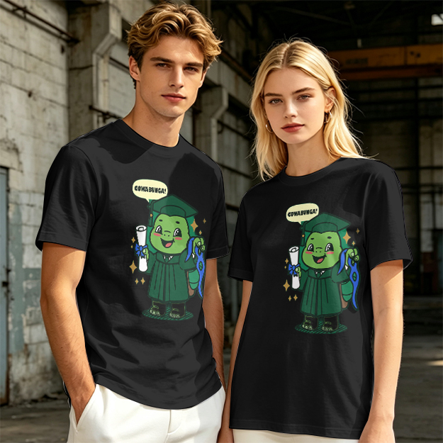 Olive T-shirt with Graduation Turtle Saying Cowabunga