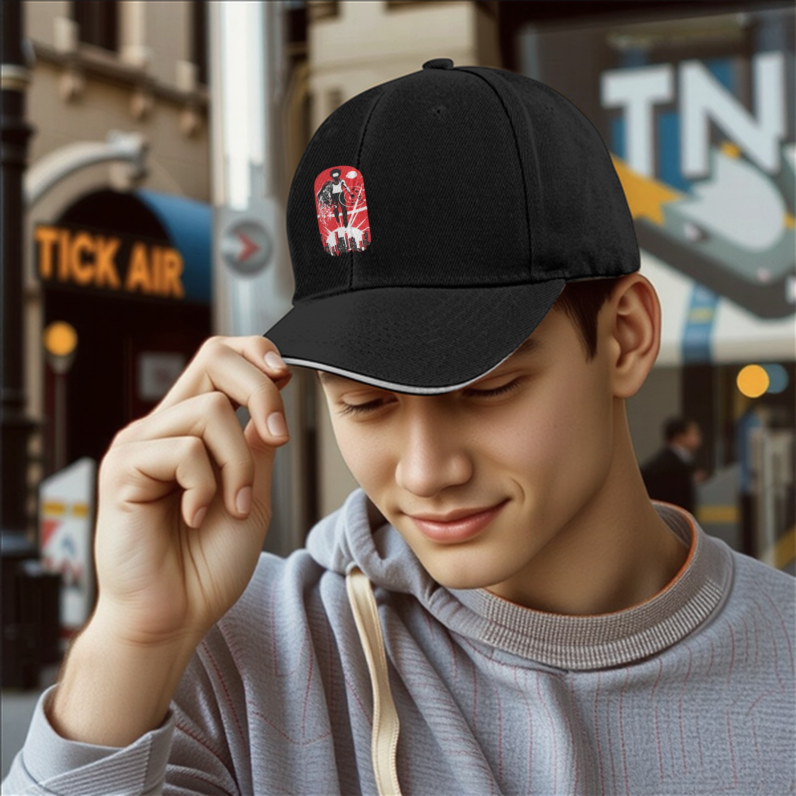 Black Baseball Cap with Superhero Cityscape Graphic Print