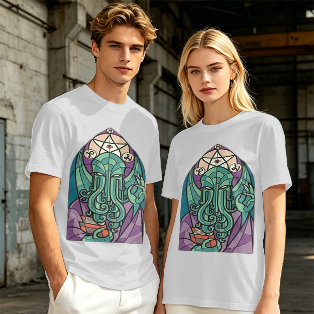 Olive T-Shirt with Stained Glass Style Cthulhu Occult Print