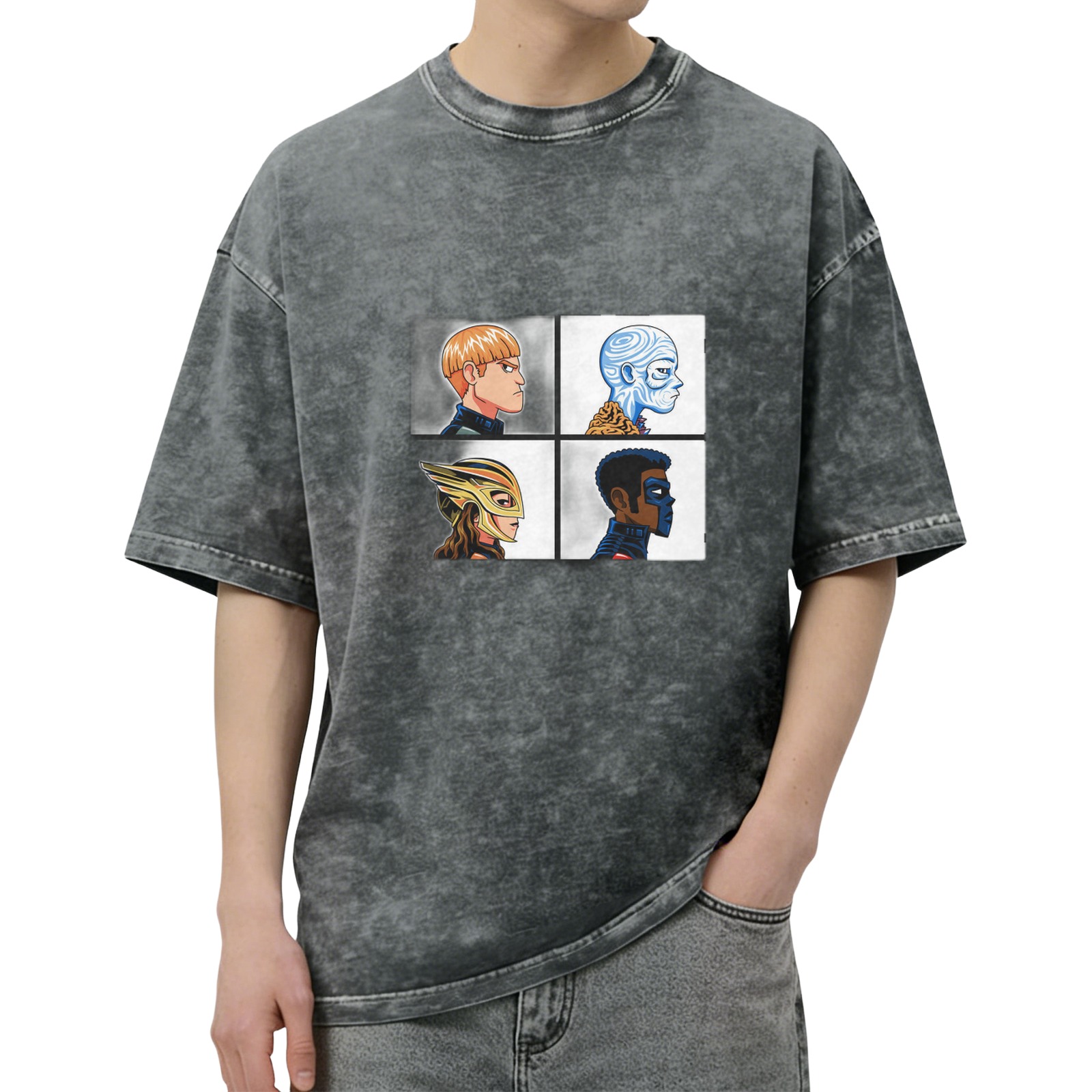 Oversized Dark Wash T-Shirt With Four Superhero Character Portraits