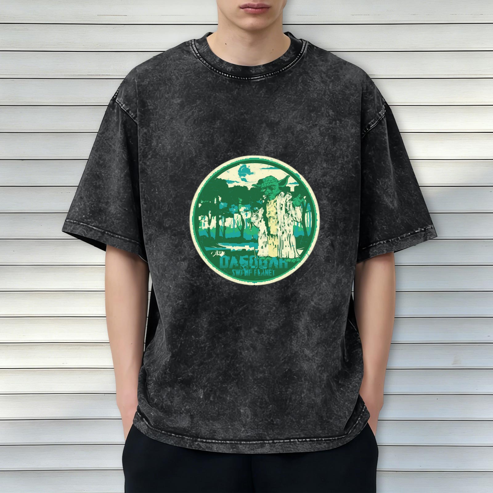 Oversized Acid Wash T-Shirt with Swamp Planet Graphic Print