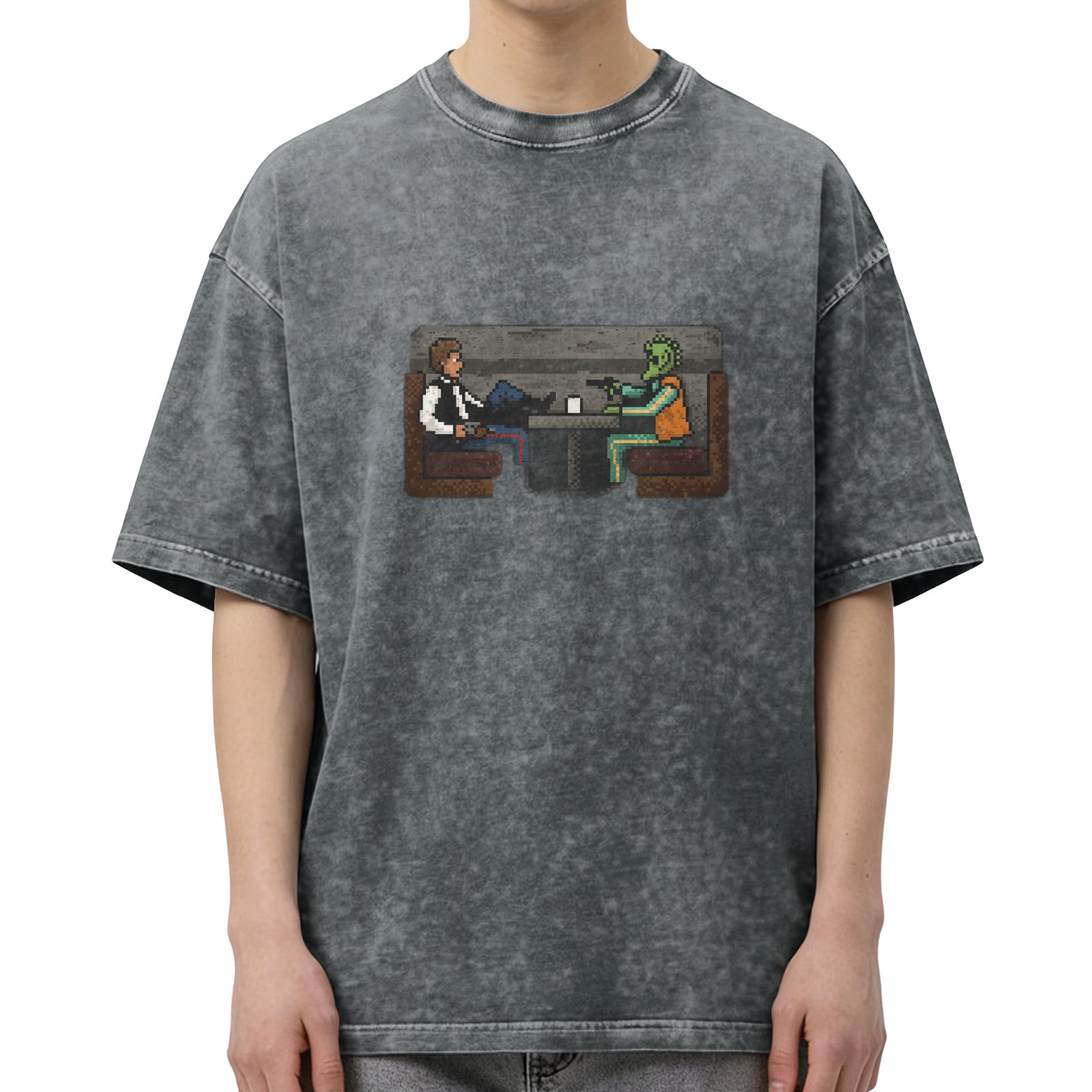 Retro washed black loose short-sleeved T-shirt Star Wars themed pixel style pattern
