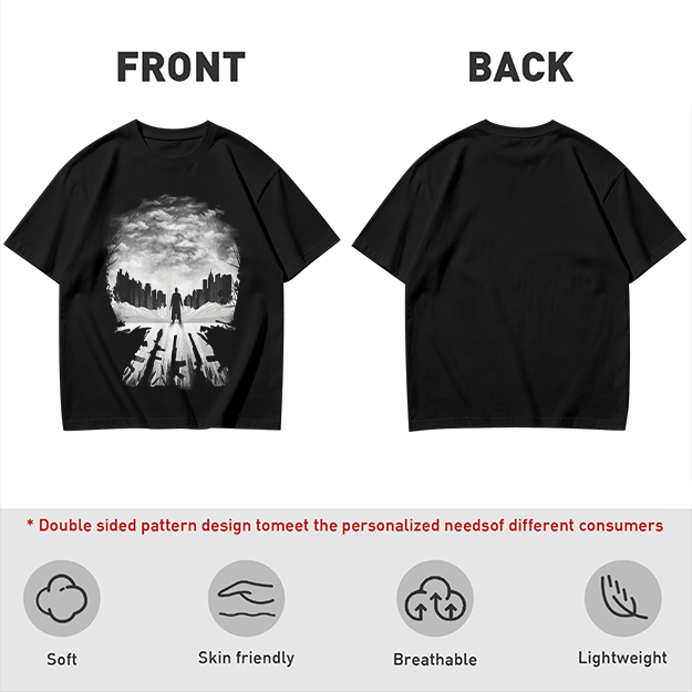 Olive Green T-Shirt With Skull Silhouette Cityscape Artwork