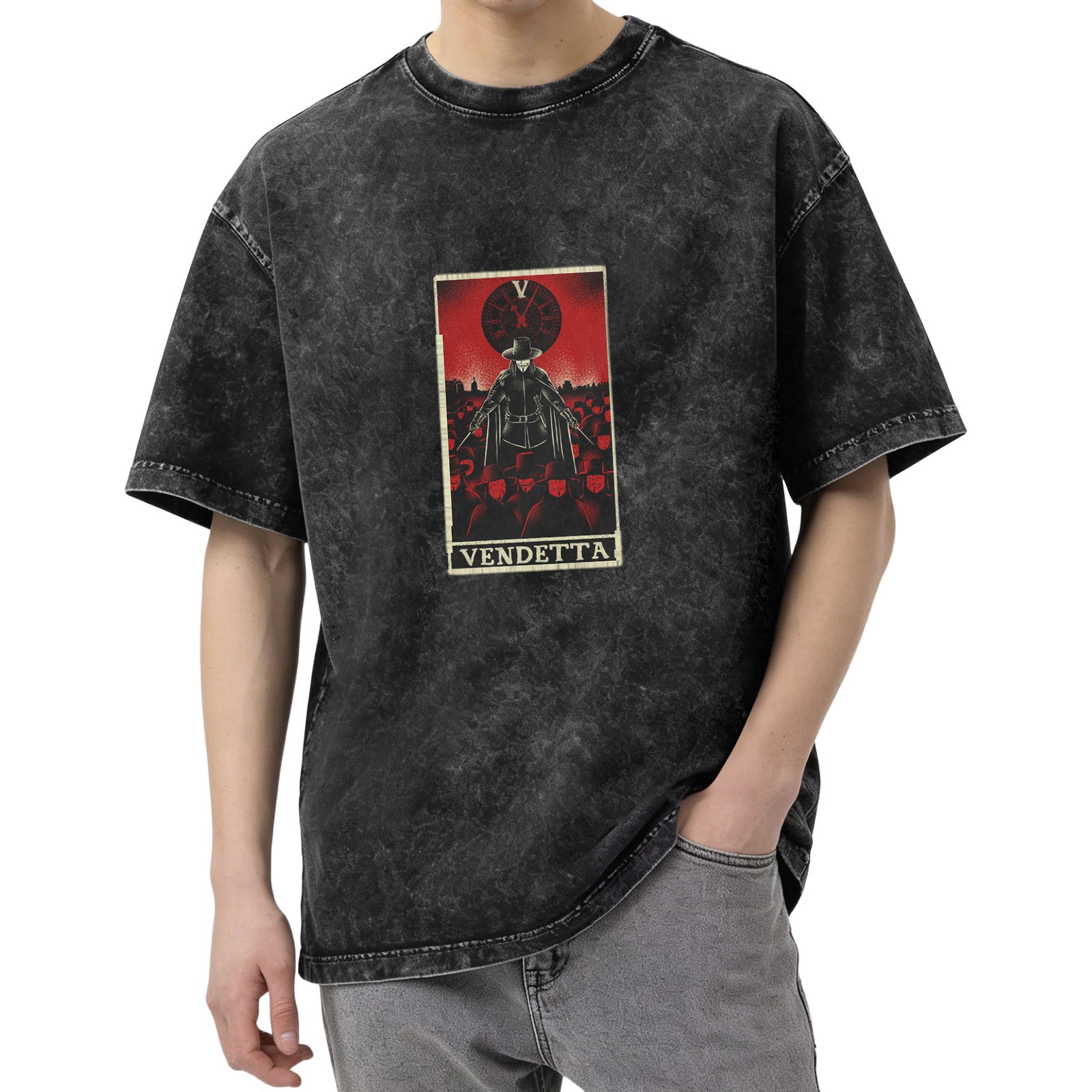 V for Vendetta Tarot Graphic Stone Wash Black T-Shirt