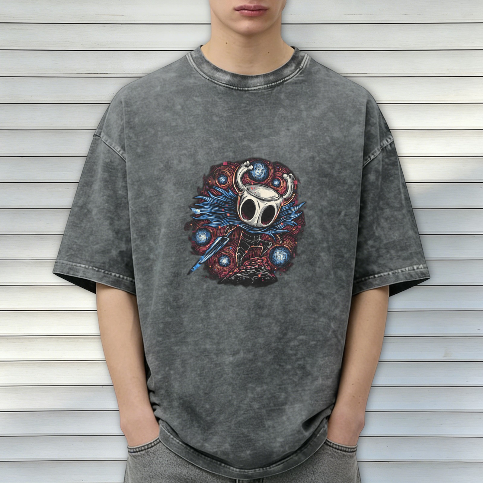 Oversized Dark Wash T-Shirt With Hollow Knight Artwork Print