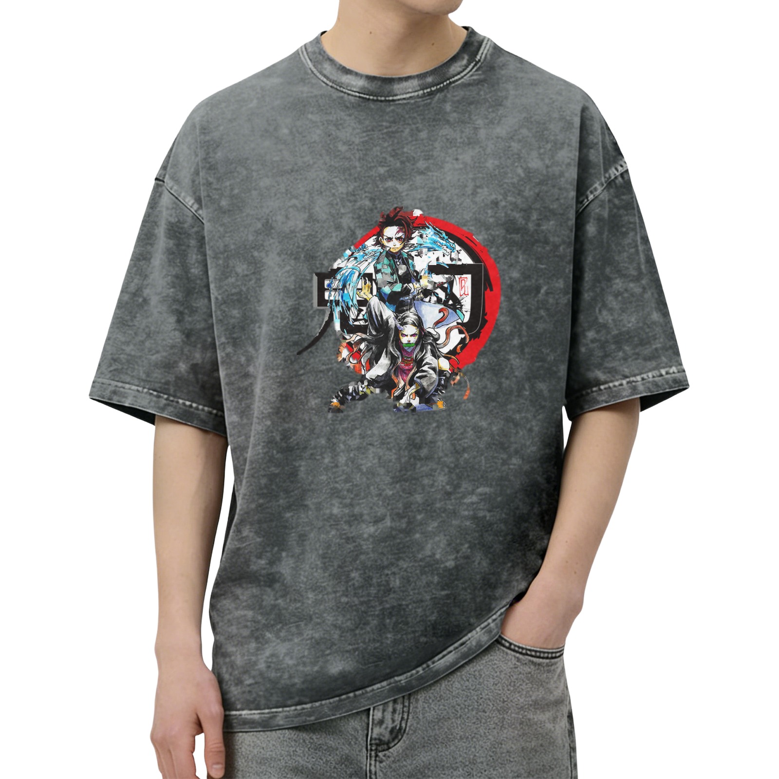 Demon Slayer Anime Graphic Oversized Stone Wash T-Shirt