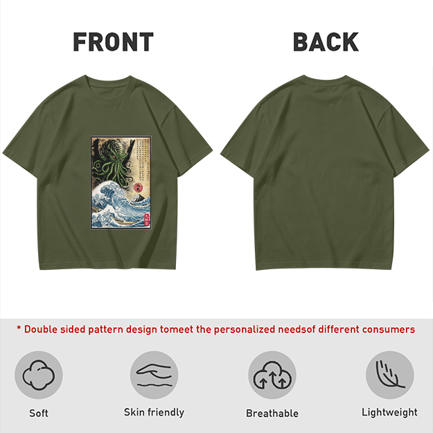 Olive T-shirt with Cthulhu Great Wave Japanese Art Print