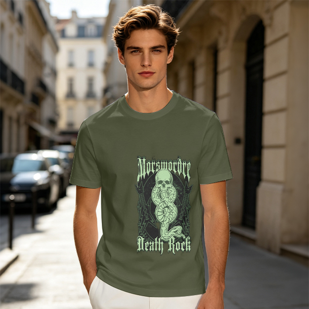 Olive graphic t-shirt with skull snake death rock design