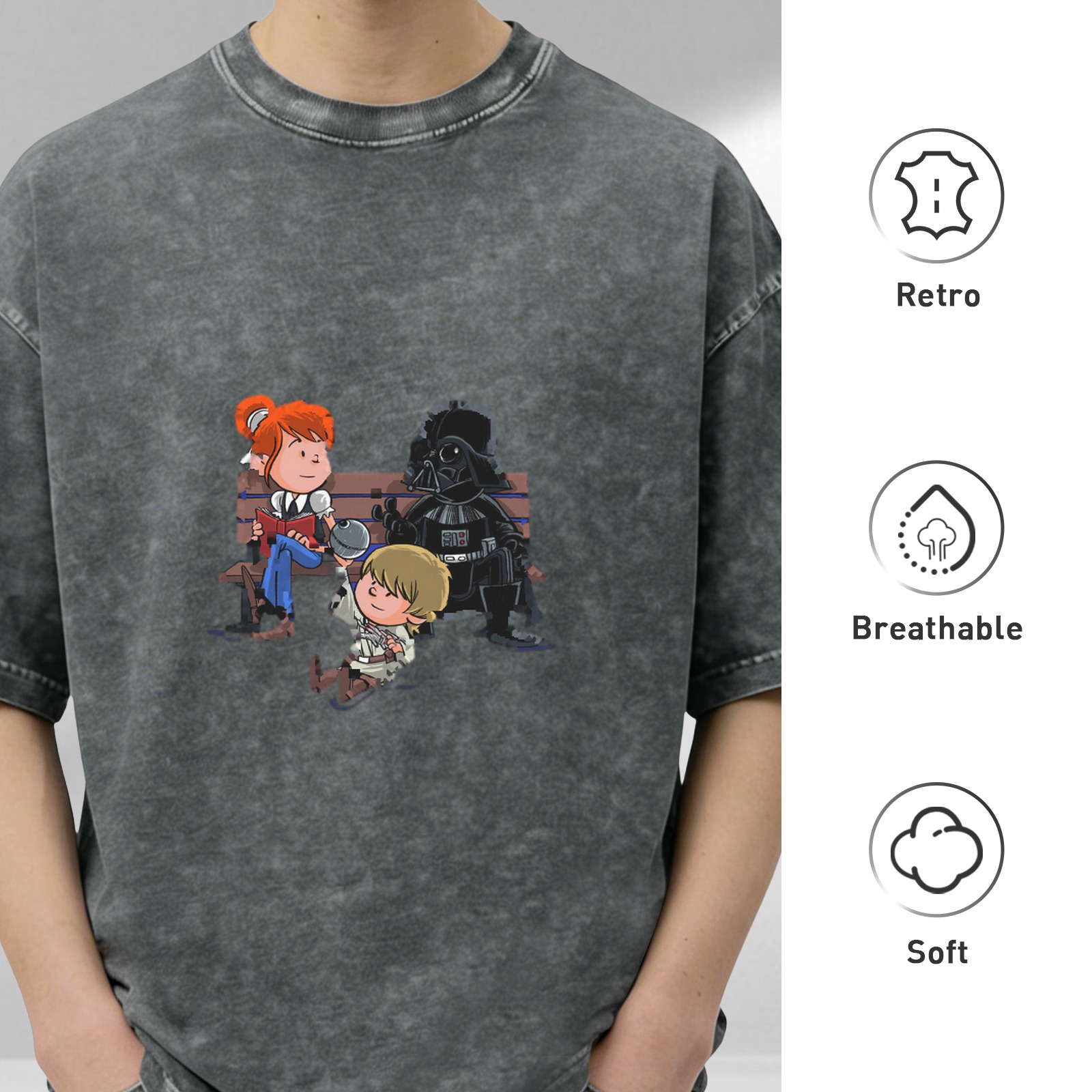 Washed black t-shirt with cartoon Star Wars characters graphic
