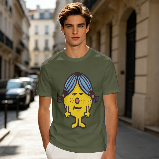 Olive Green T-Shirt With Grumpy Yellow Cartoon Girl Print