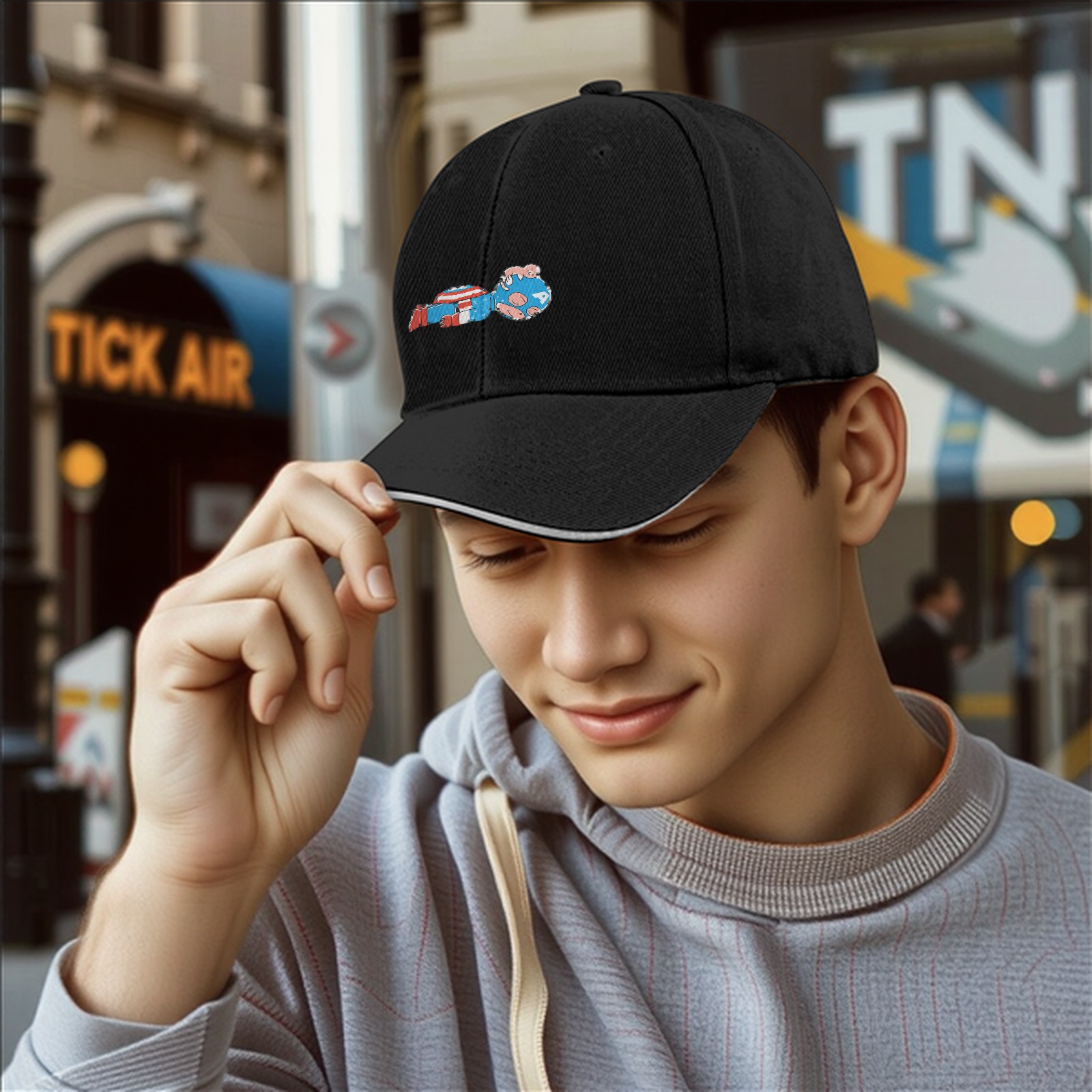 Black Baseball Cap With Mini Captain America Graphic Print