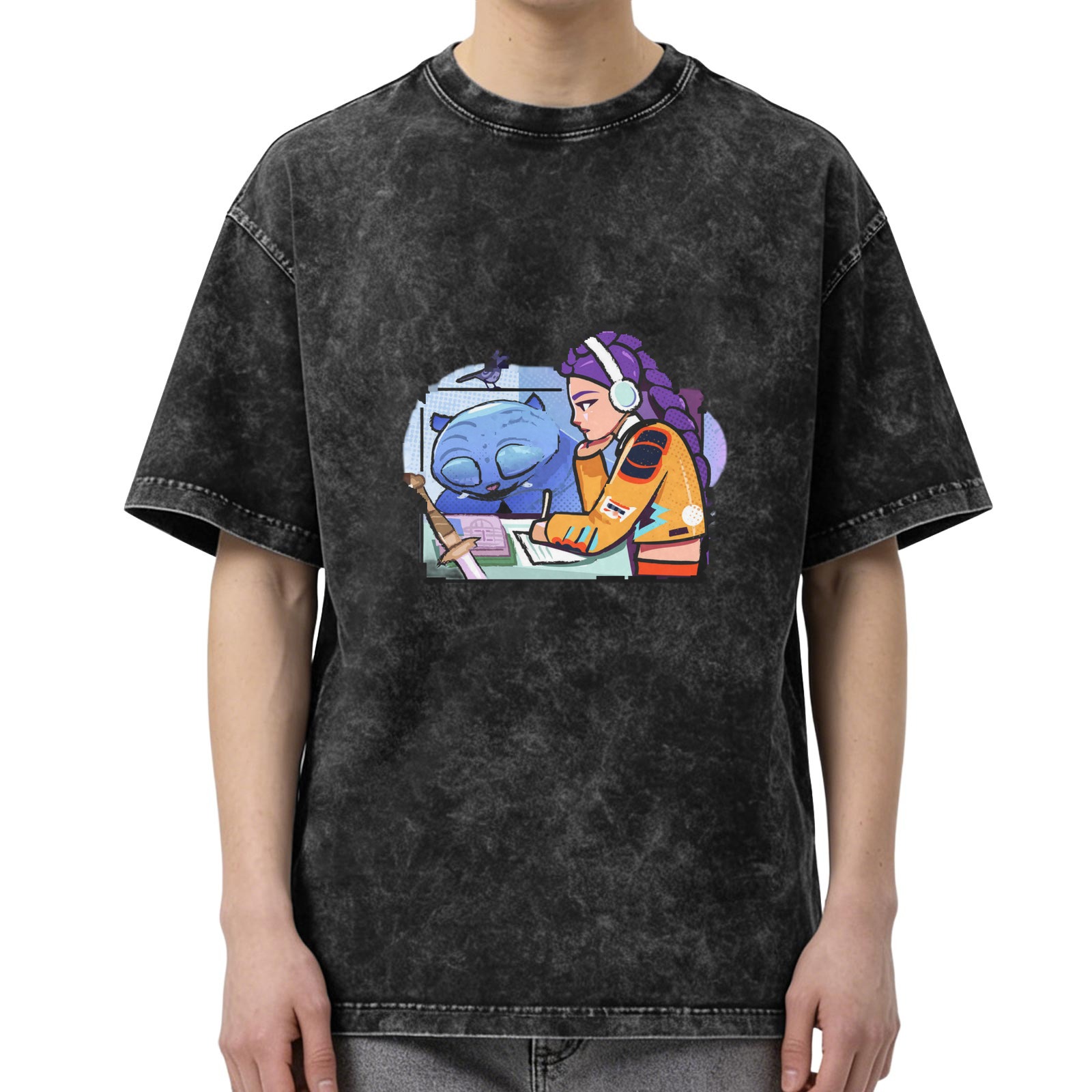 Washed graphic tee with anime girl and blue cat illustration