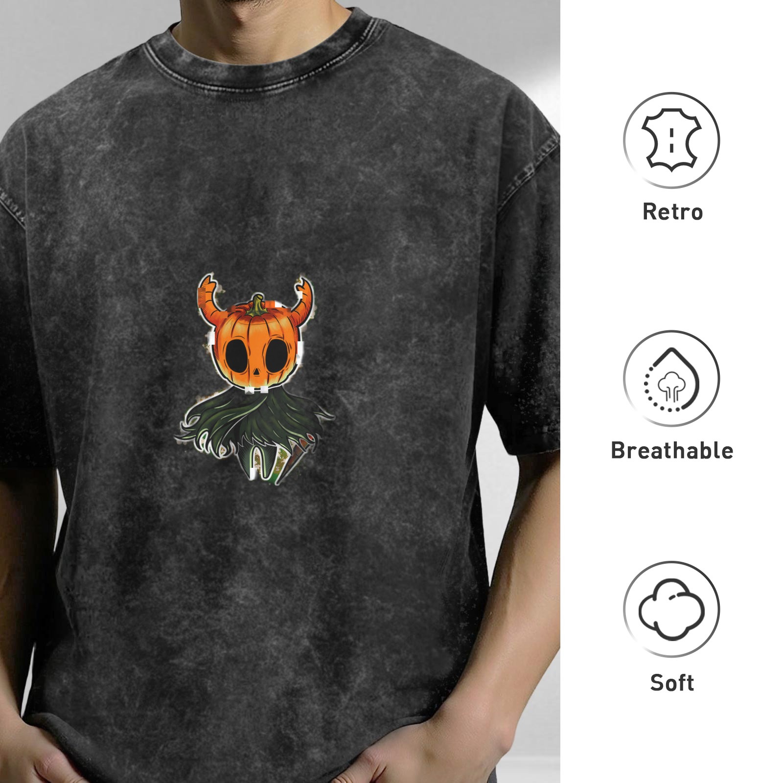 Oversized dark washed graphic t-shirt with pumpkin horned creature print