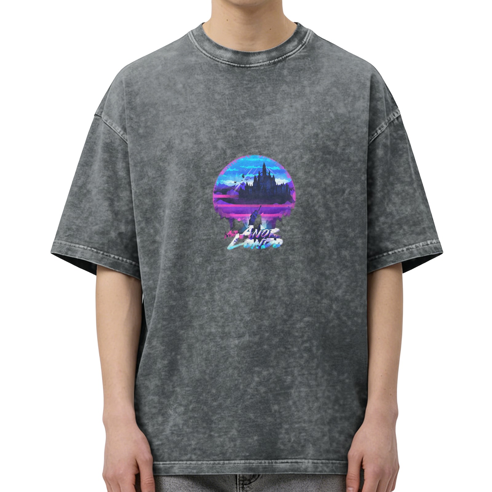 Distressed washed black round neck short-sleeved T-shirt Retro style Anor Londo printed loose top