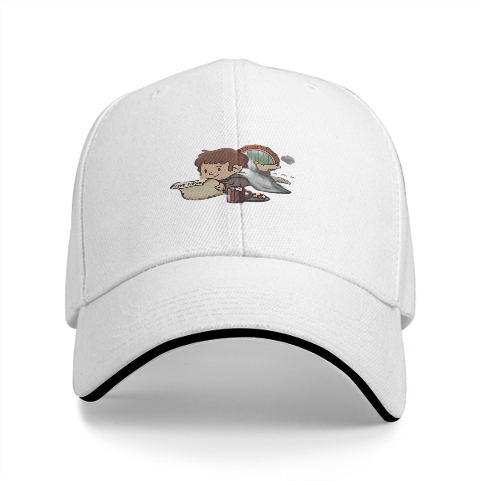 Black Baseball Cap with Cute Hobbit Character Print