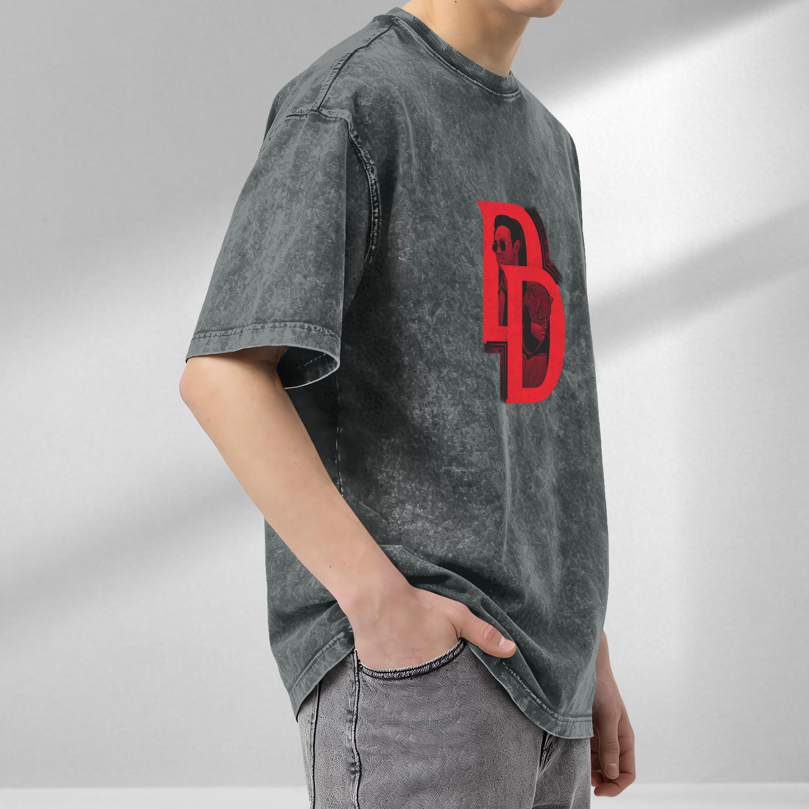 Washed Black T-Shirt with Daredevil DD Logo Graphic