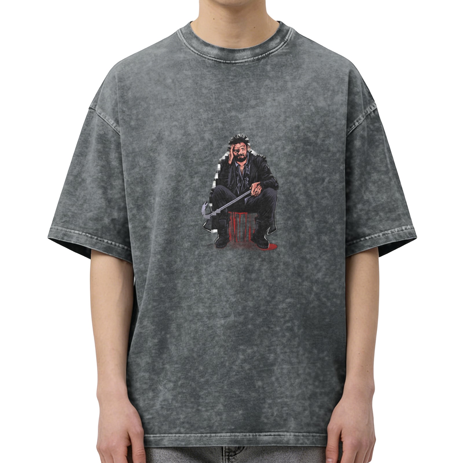 Washed Black Graphic T-Shirt with Seated Figure Holding Crowbar Print